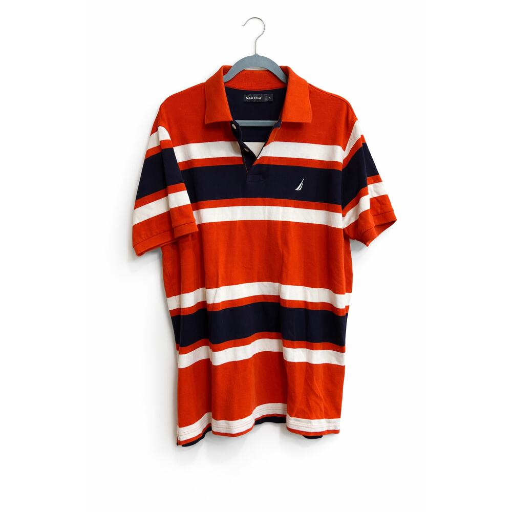 Nautica Mens Striped Polo Shirt Orange Navy White Size Large 100% Cotton